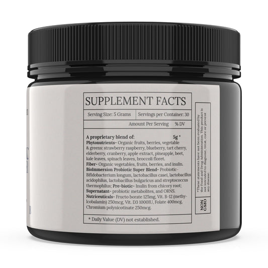 BioImmersion No 7 powder on a spoon highlighting phytonutrient blend for digestion and immunity