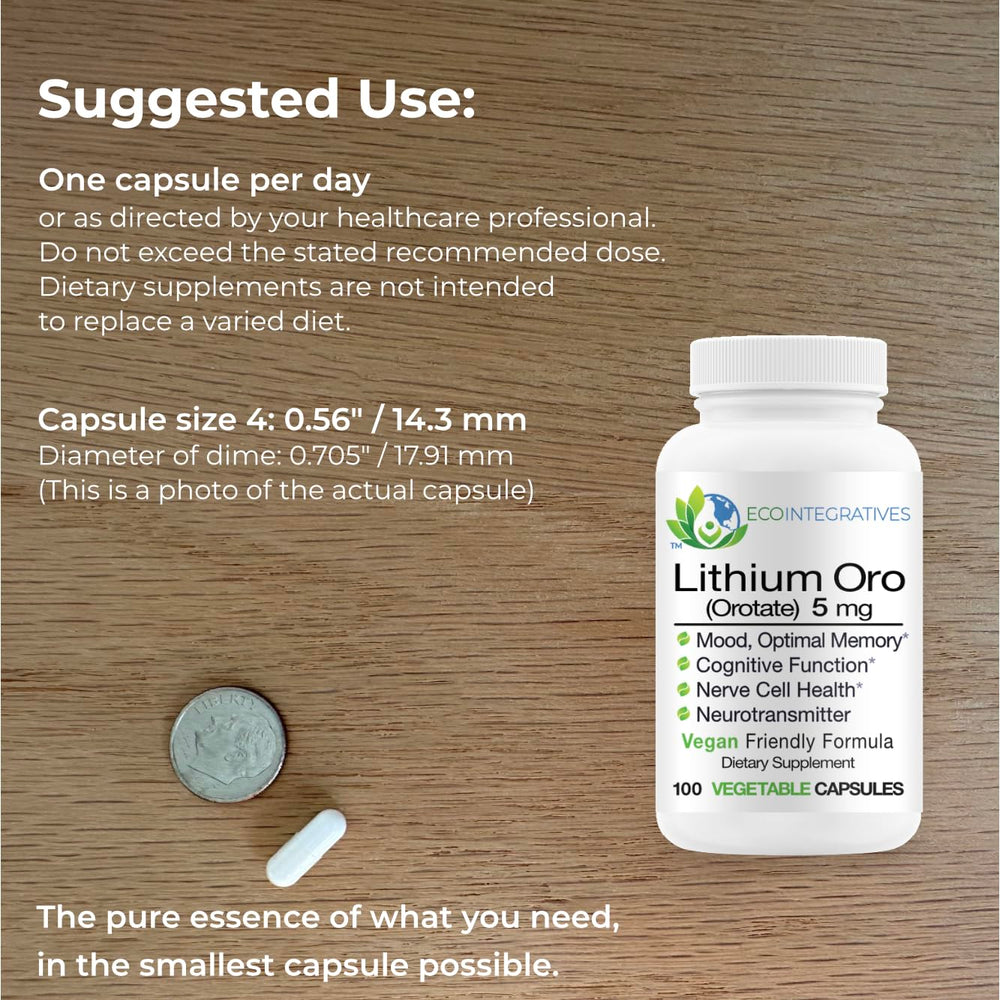 BioInnovations Pharmacal Lithium Oro bottle side view with dosage details.