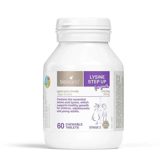 Bio Island Lysine Step Up for Youth bottle front view supports growth.