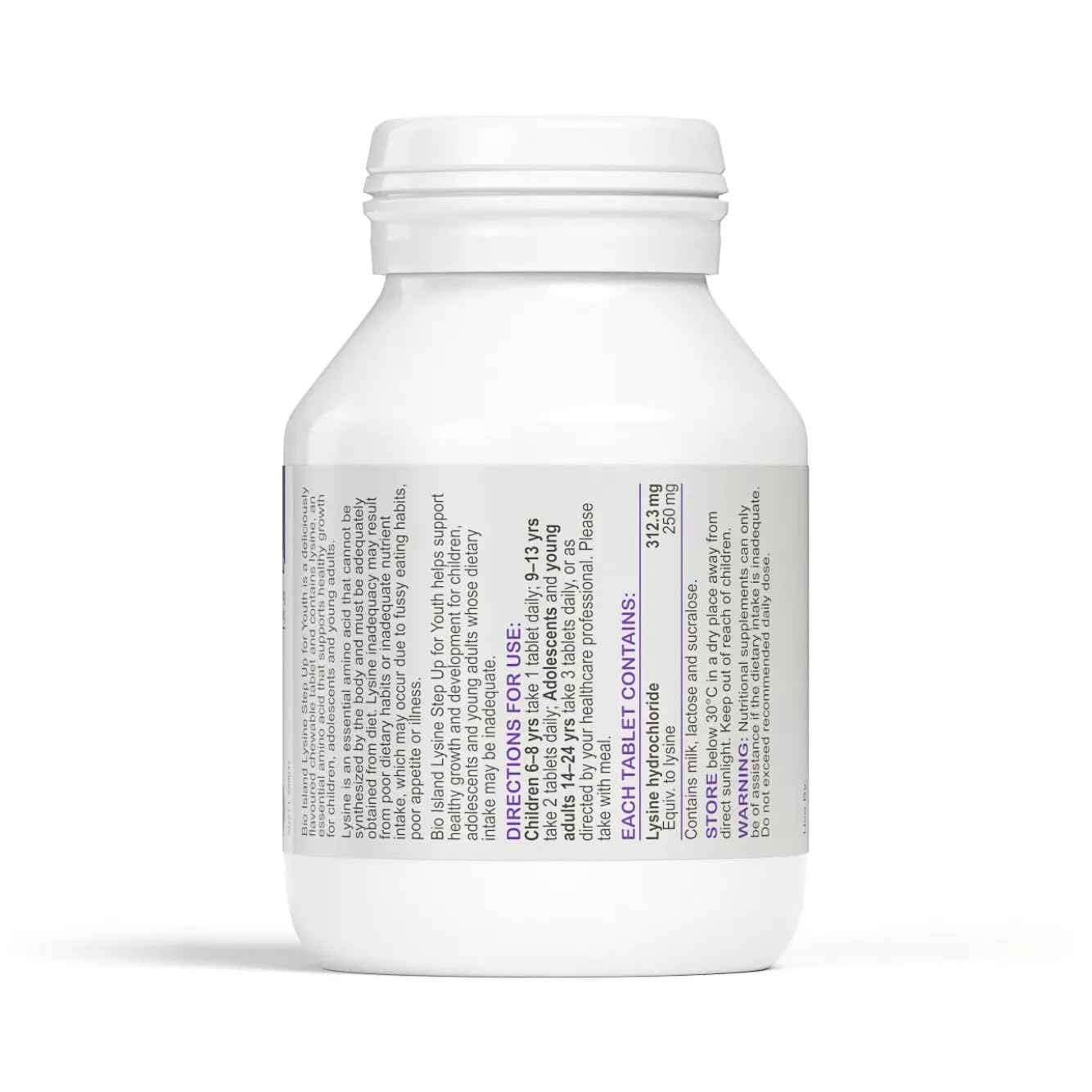 Bio Island Lysine Step Up for Youth label close-up highlights lysine benefits.