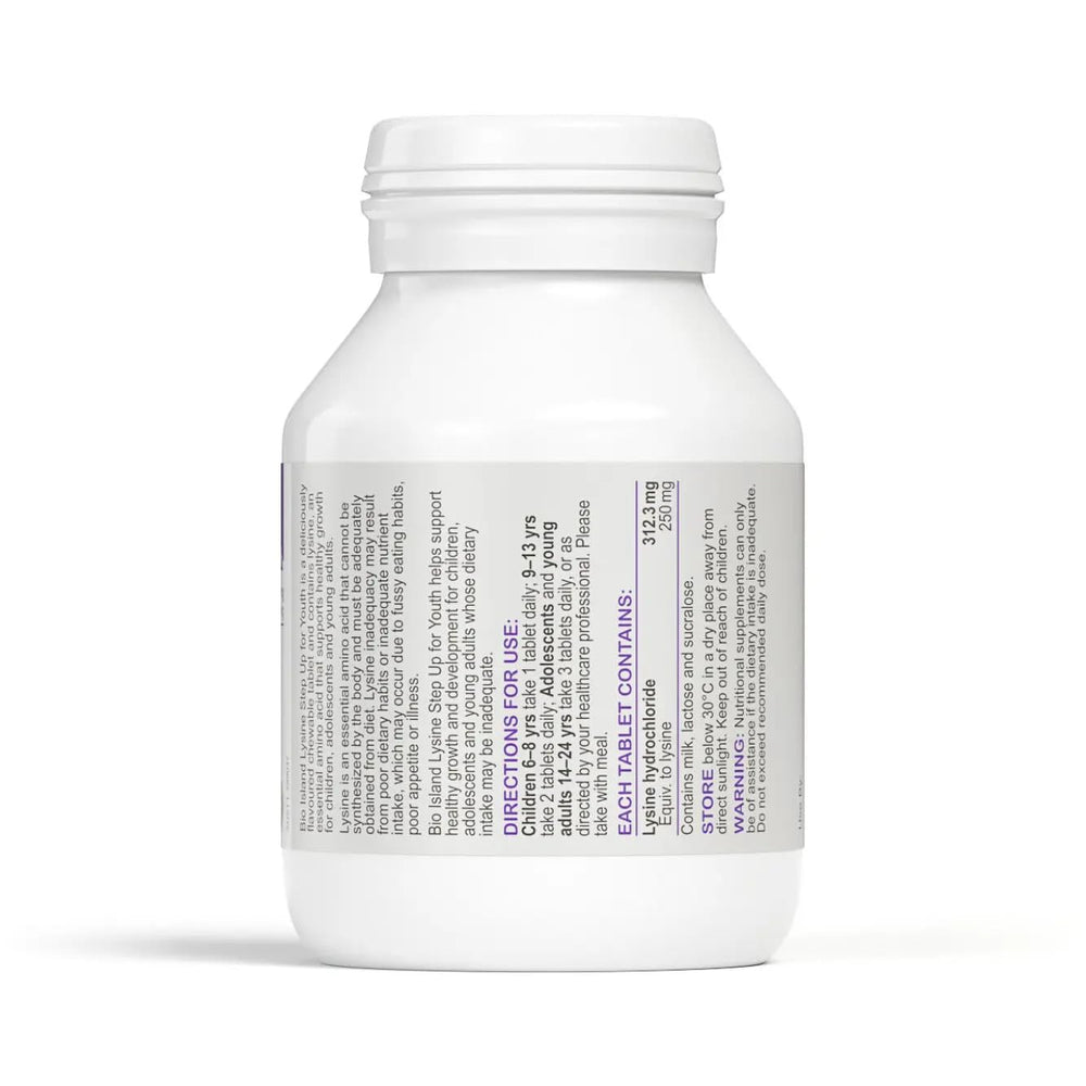 Bio Island Lysine Step Up for Youth label close-up highlights lysine benefits.