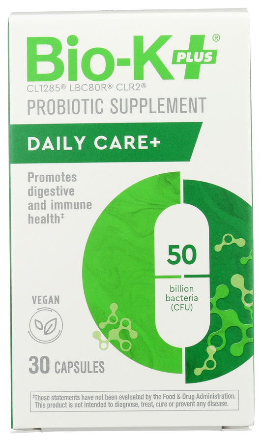 Bio-K Plus Dailycare bottle showing daily gut balance and 50B probiotics