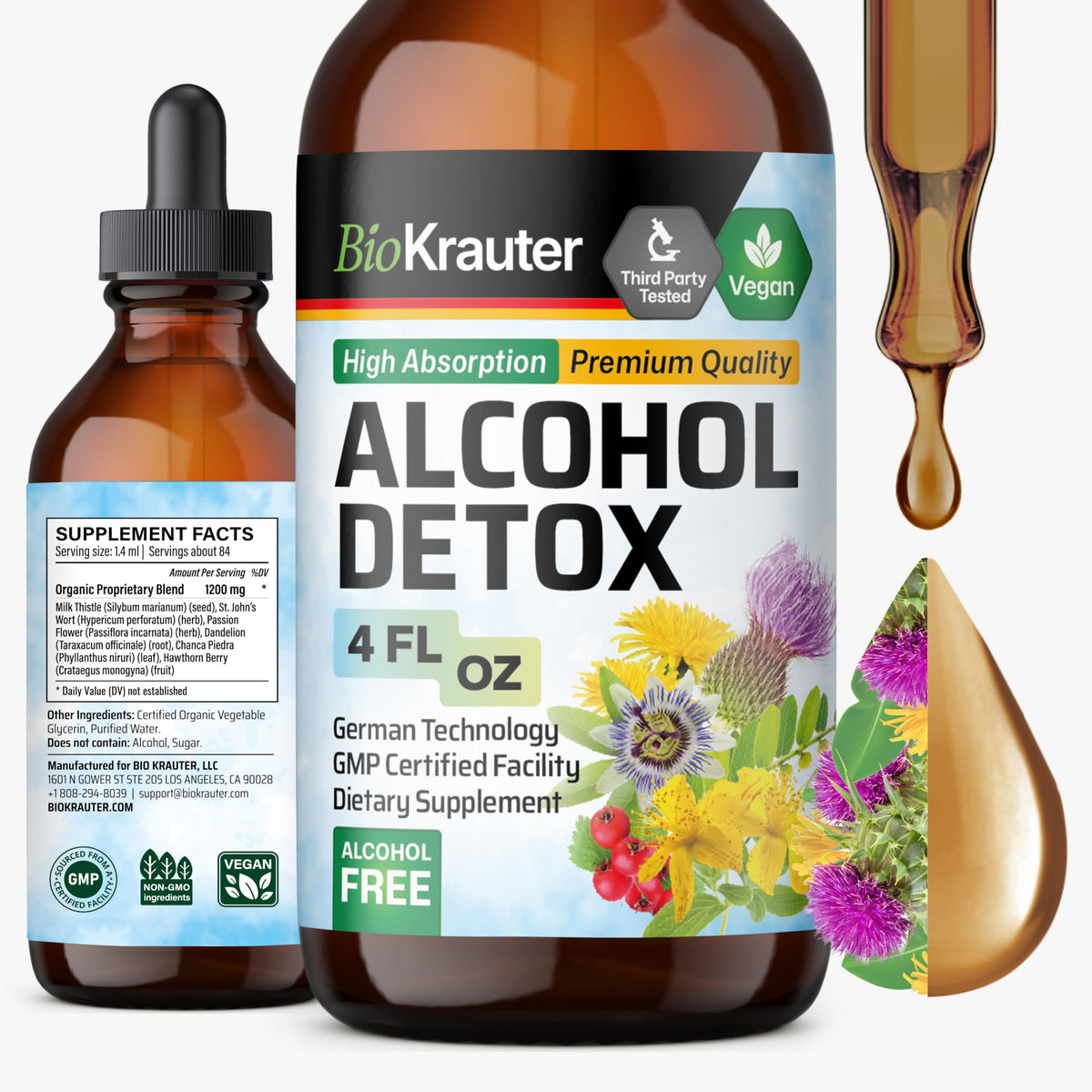 BIO KRAUTER alcohol detox tincture bottle shows vegan, alcohol-free liver support.