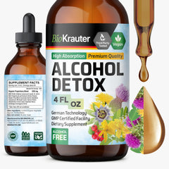 BIO KRAUTER alcohol detox tincture bottle shows vegan, alcohol-free liver support.