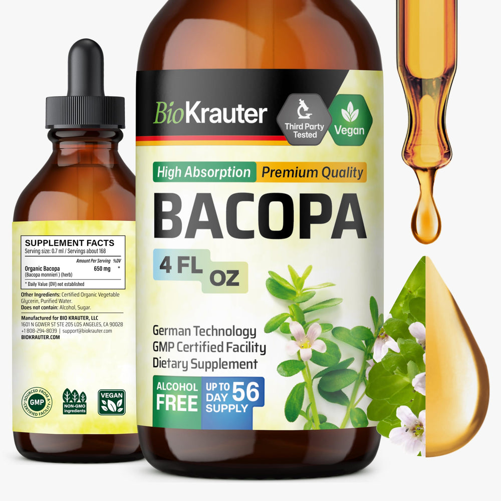 BIO KRAUTER Bacopa Monnieri liquid bottle with 650 mg serving for calm focus.