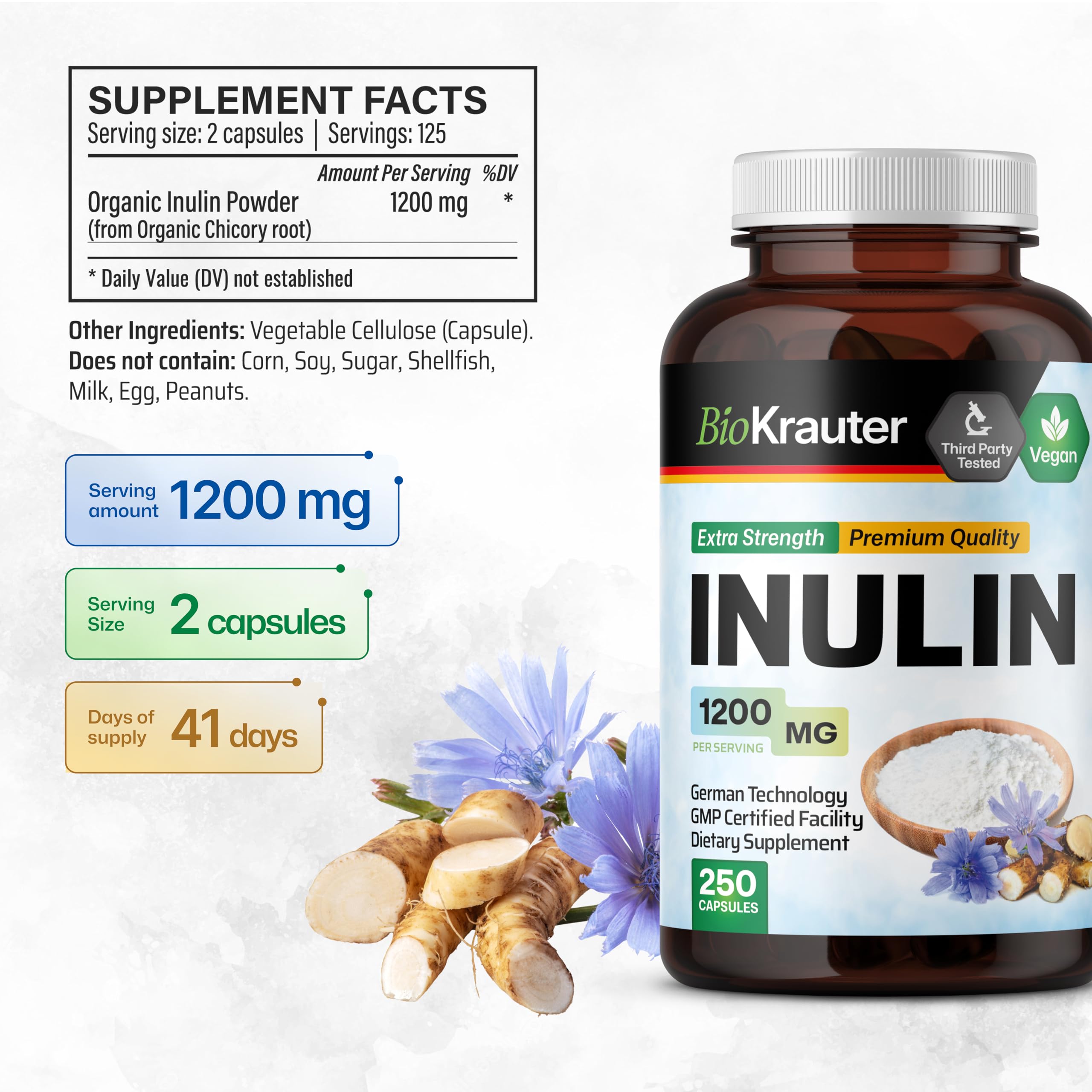 BIO KRAUTER capsules close-up shows pure inulin and vegan formula benefits.