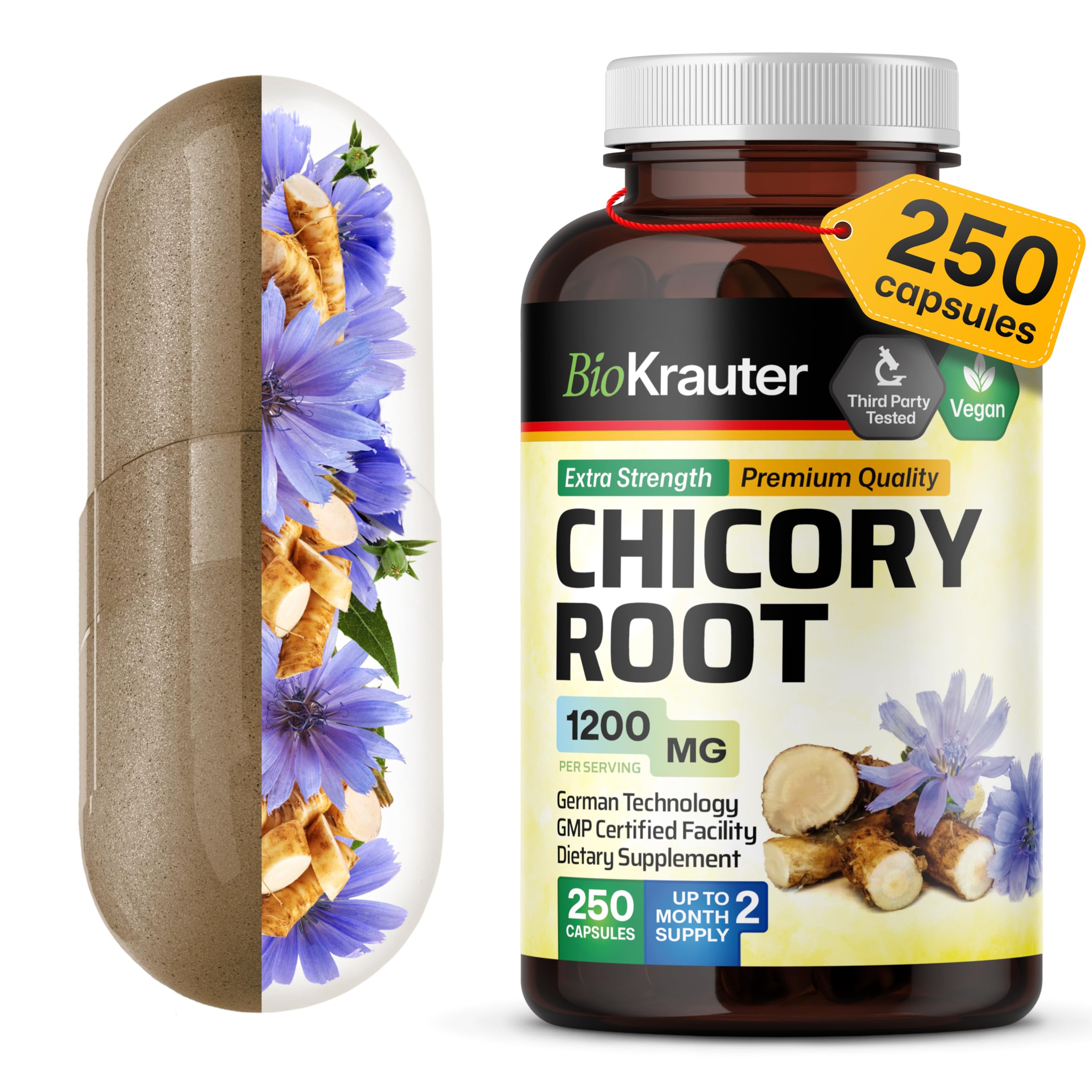 BIO KRAUTER Chicory Root bottle front shows a vegan prebiotic for daily digestion support.