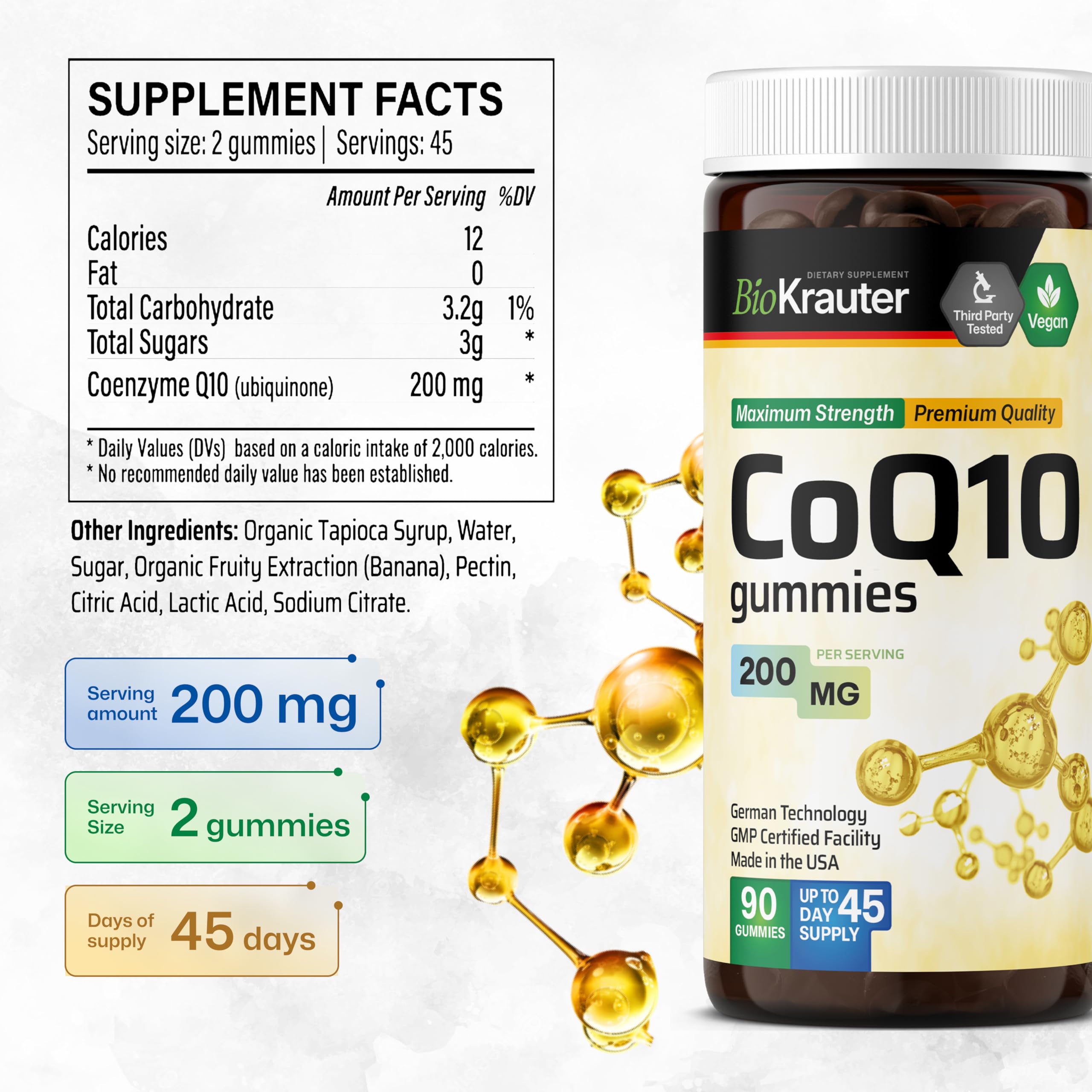 BIO KRAUTER CoQ10 Gummies banana-flavor label detail, natural ingredients focus.