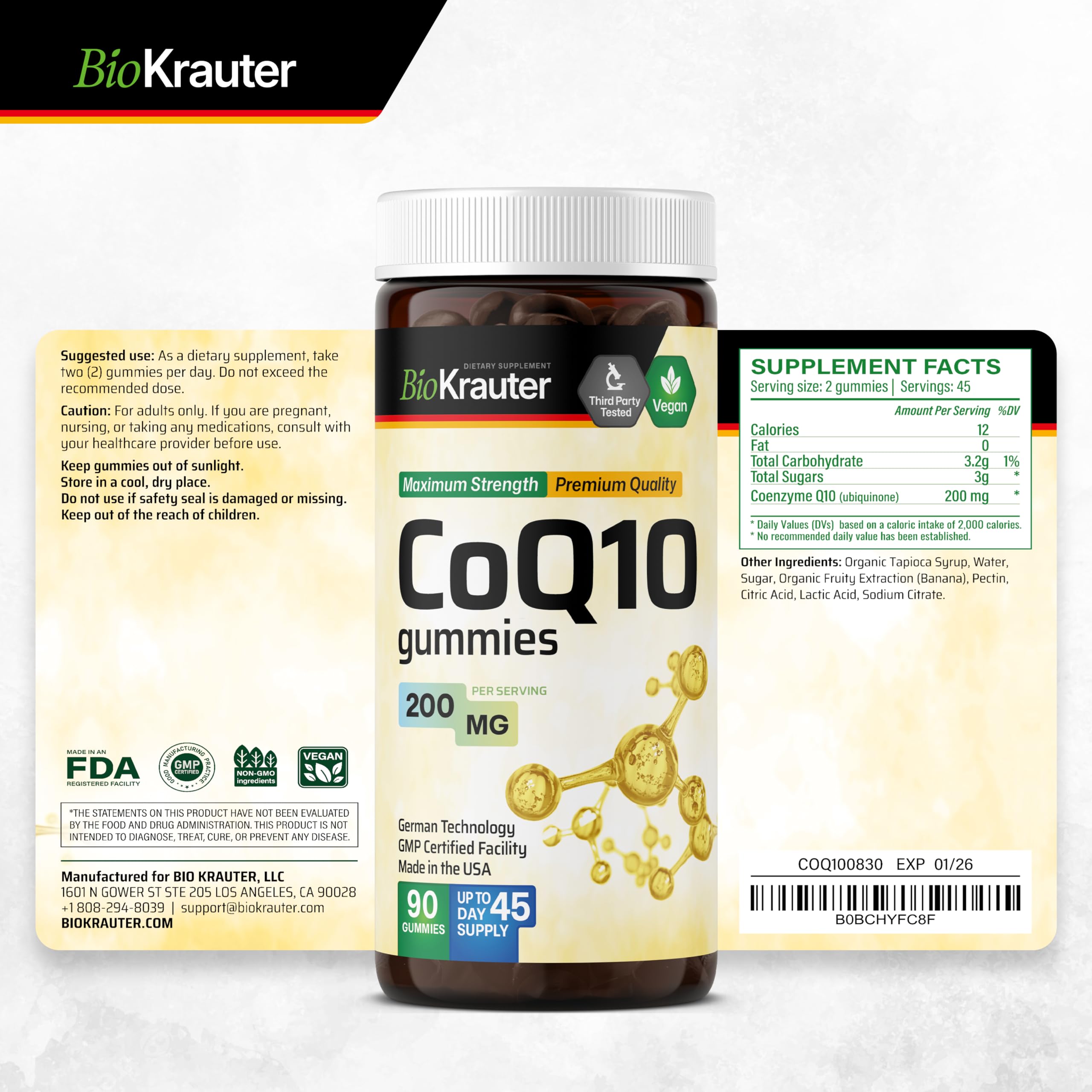 BIO KRAUTER CoQ10 Gummies kid-safe cap, easy dosing and handling.