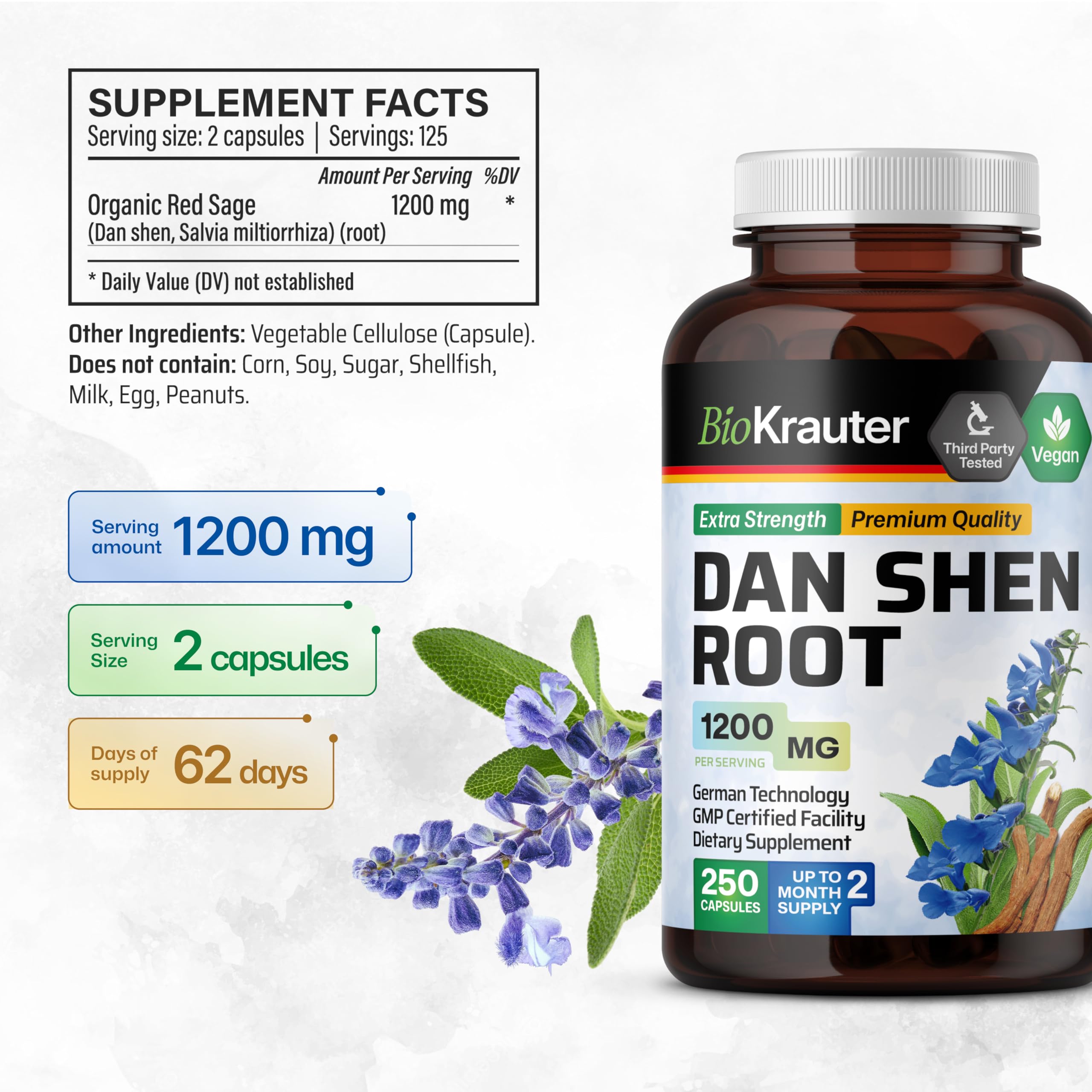 BIO KRAUTER Dan Shen root capsules ingredients panel details danshen extract