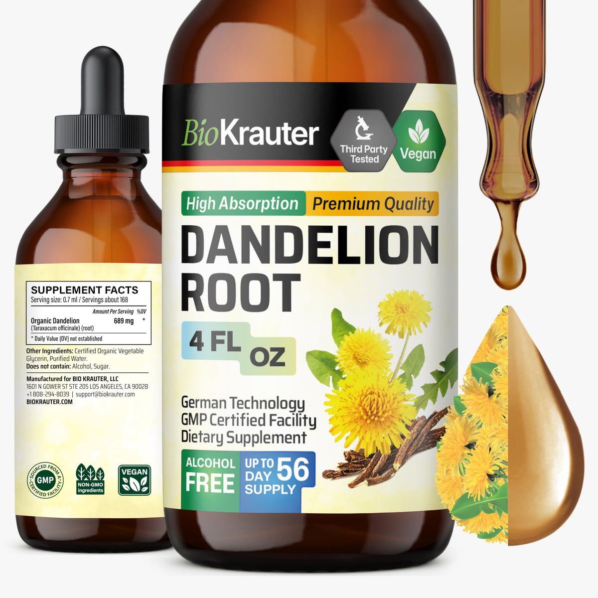 BIO KRAUTER Dandelion Root Extract bottle front with vegan, alcohol-free formula for daily use
