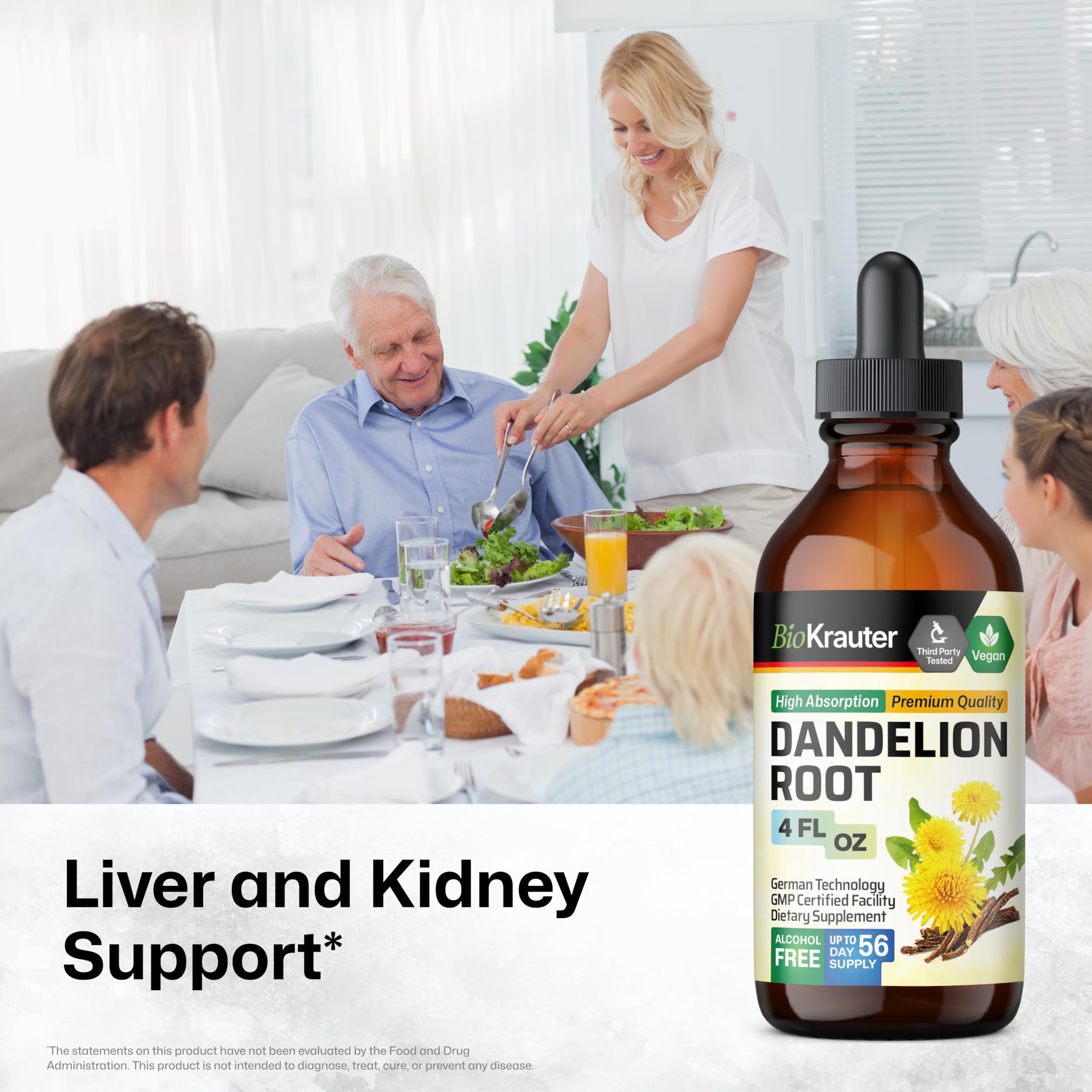BIO KRAUTER Dandelion Root Extract bottle label emphasizing simple three-ingredient formula