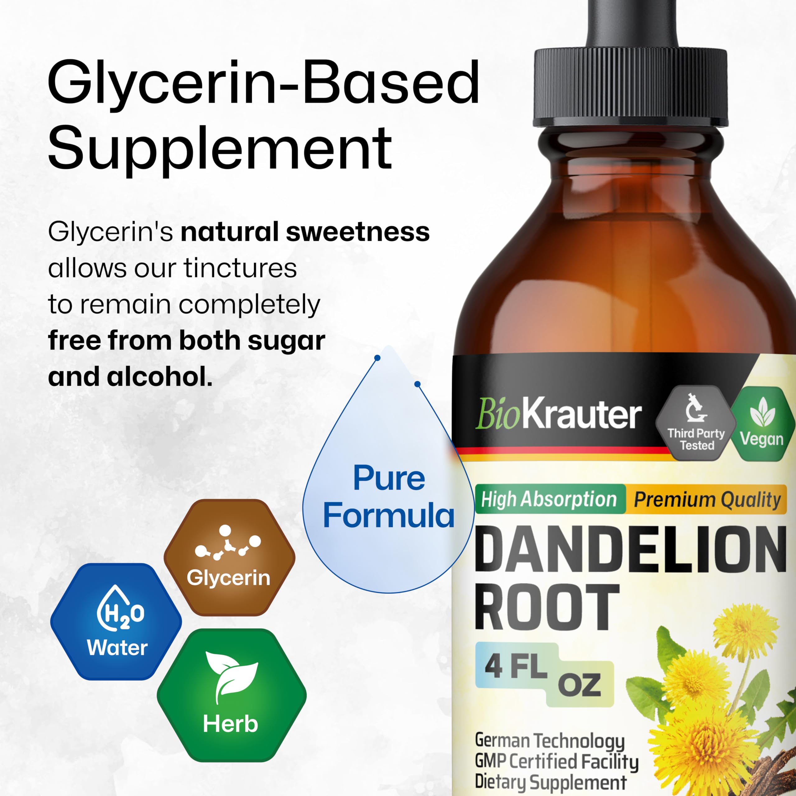 BIO KRAUTER Dandelion Root Extract ingredients closeup highlighting three ingredients