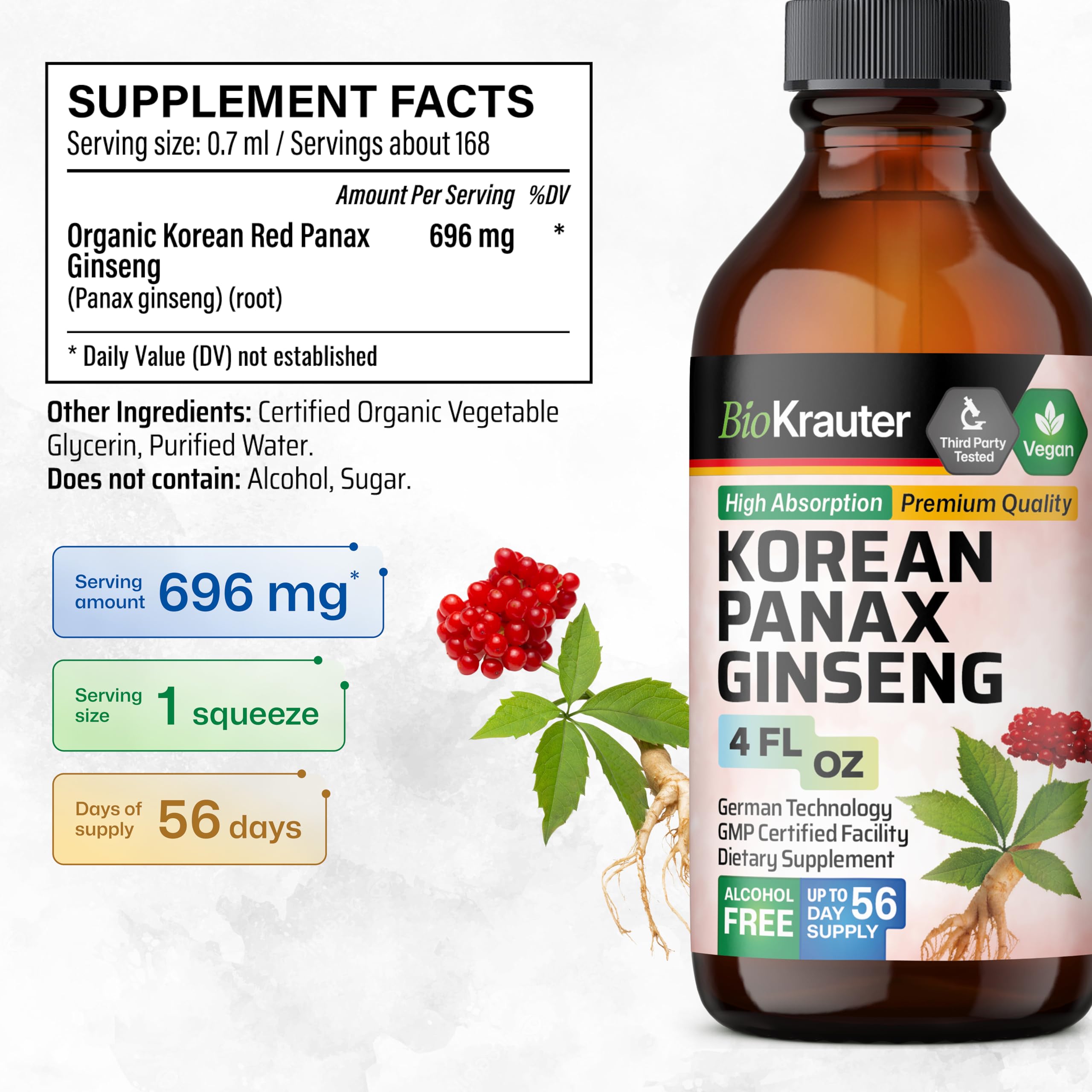 BIO KRAUTER Ginseng Drops label highlights vegan, sugar-free formula.