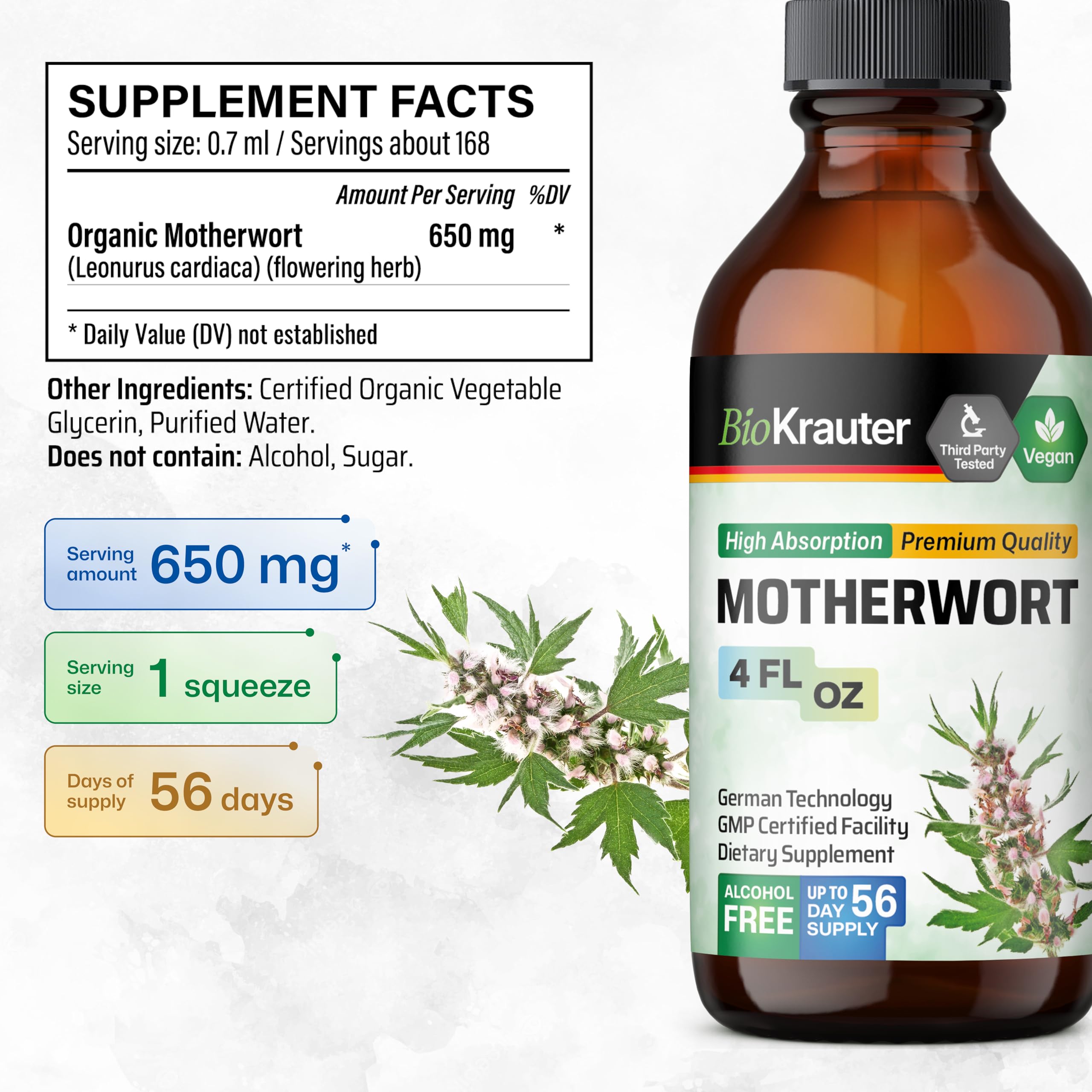 BIO KRAUTER ingredients: water, glycerin, and motherwort herb detail.