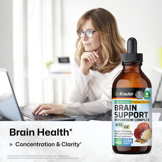BIO KRAUTER Lion's Mane extract drop highlighting brain-boosting benefits.