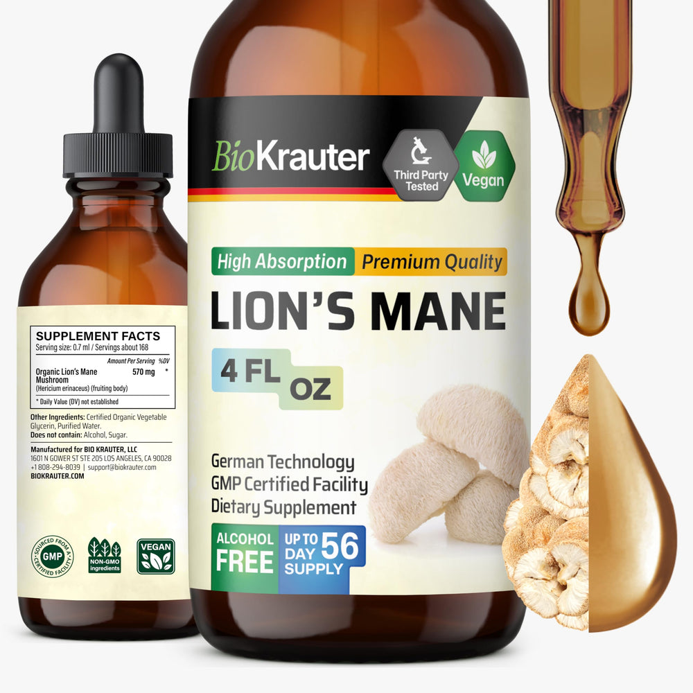 BIO KRAUTER Lions Mane drops bottle for potential focus support.