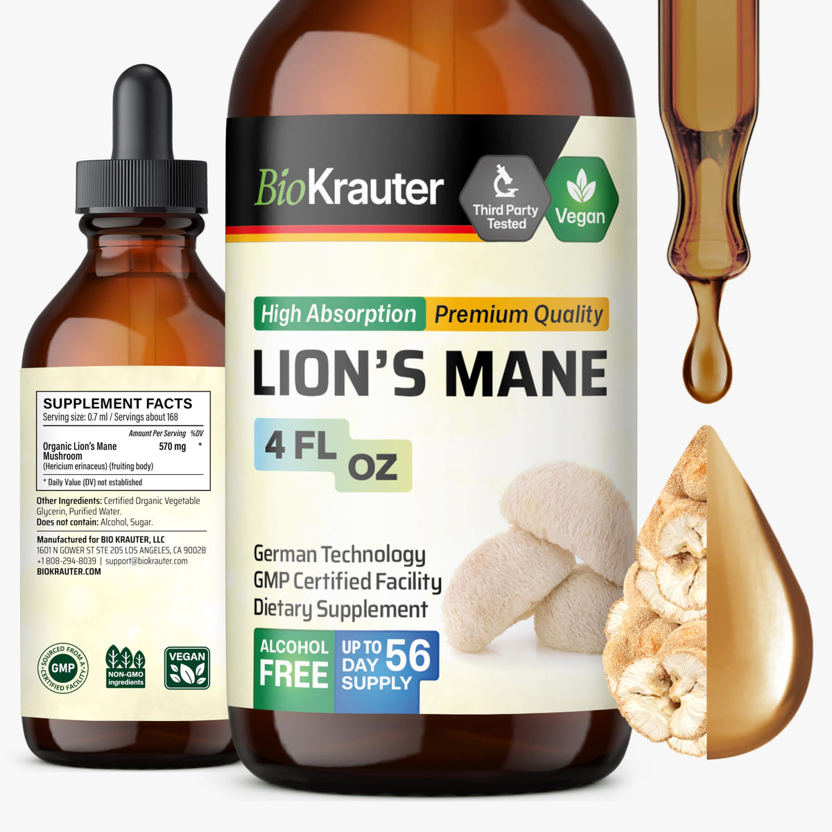 BIO KRAUTER Lions Mane drops bottle for potential focus support.