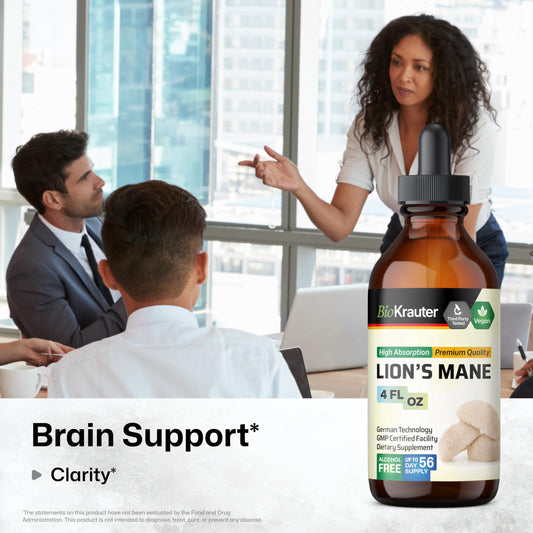 BIO KRAUTER Lions Mane drops pour for easy beverage mixing.