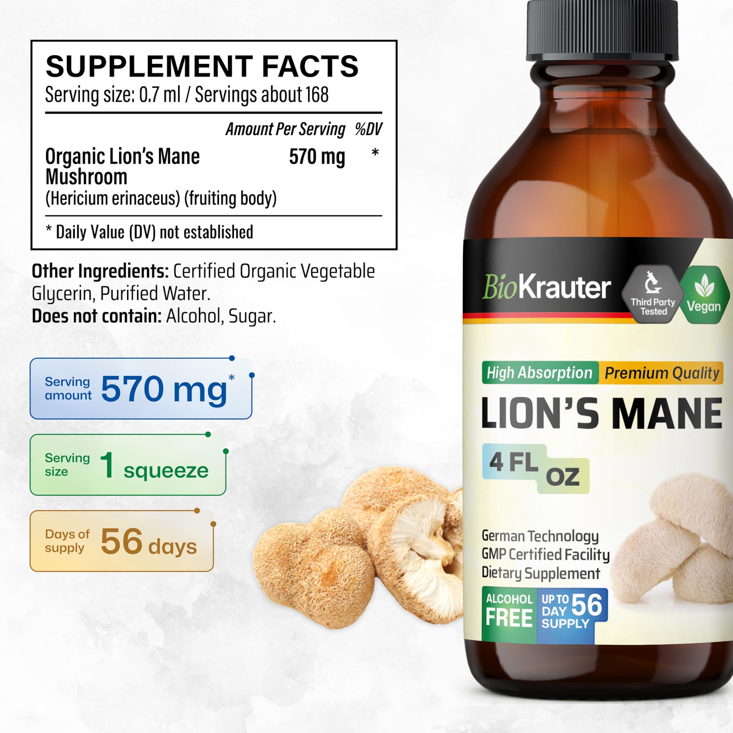 BIO KRAUTER Lions Mane under-tongue drops for fast absorption.