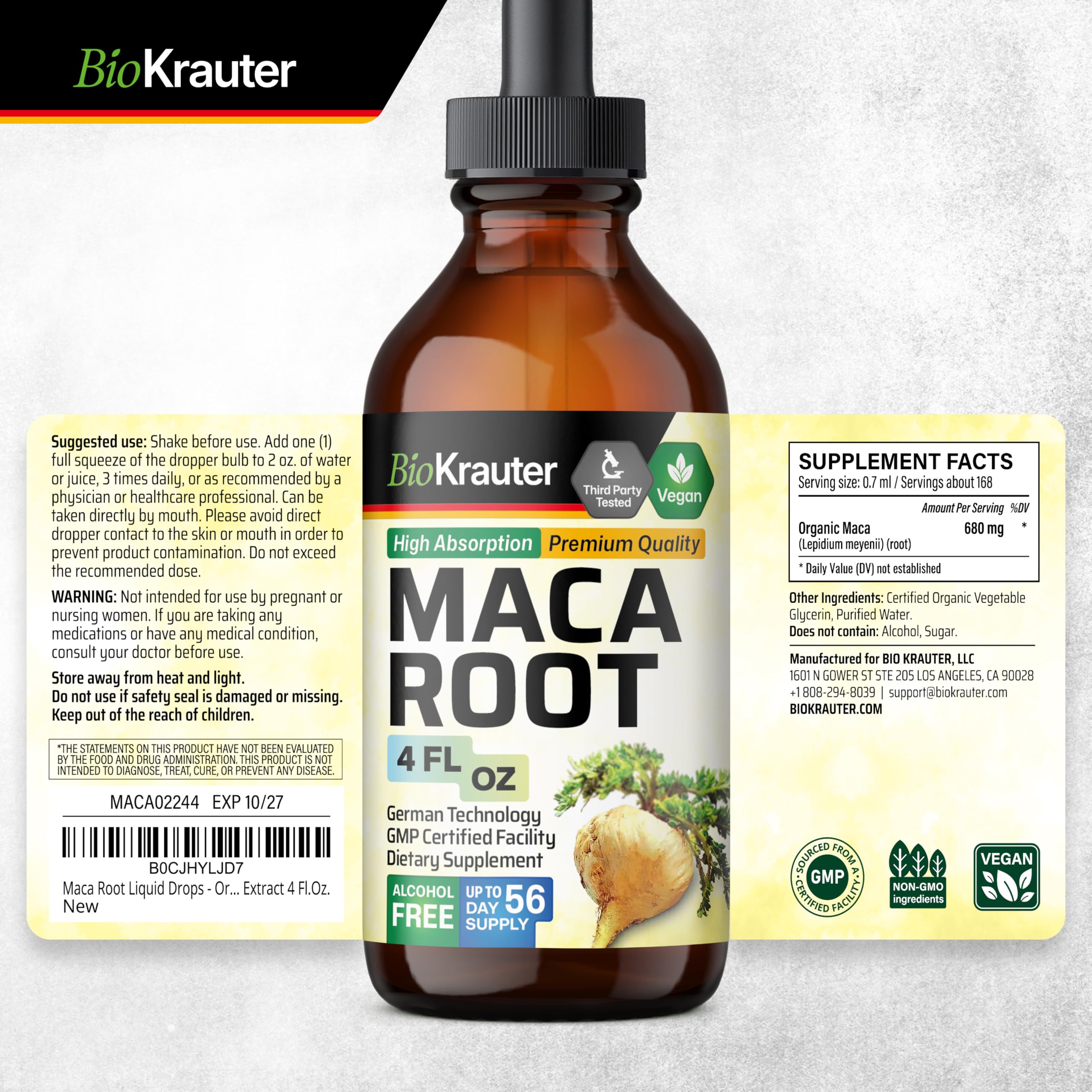 BIO KRAUTER Maca root drops illustrate non-alcoholic, sugar-free formulation for daily routines.