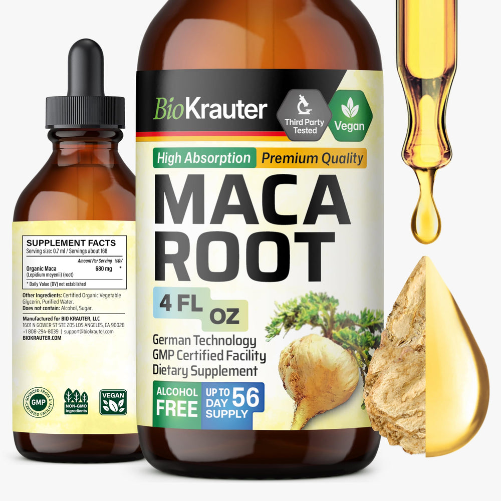 BIO KRAUTER Maca Root Liquid Drops bottle shows vegan formula for daily wellness.
