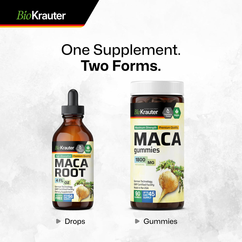 BIO KRAUTER Maca root liquid drops bottle shows easy-to-use dropper.
