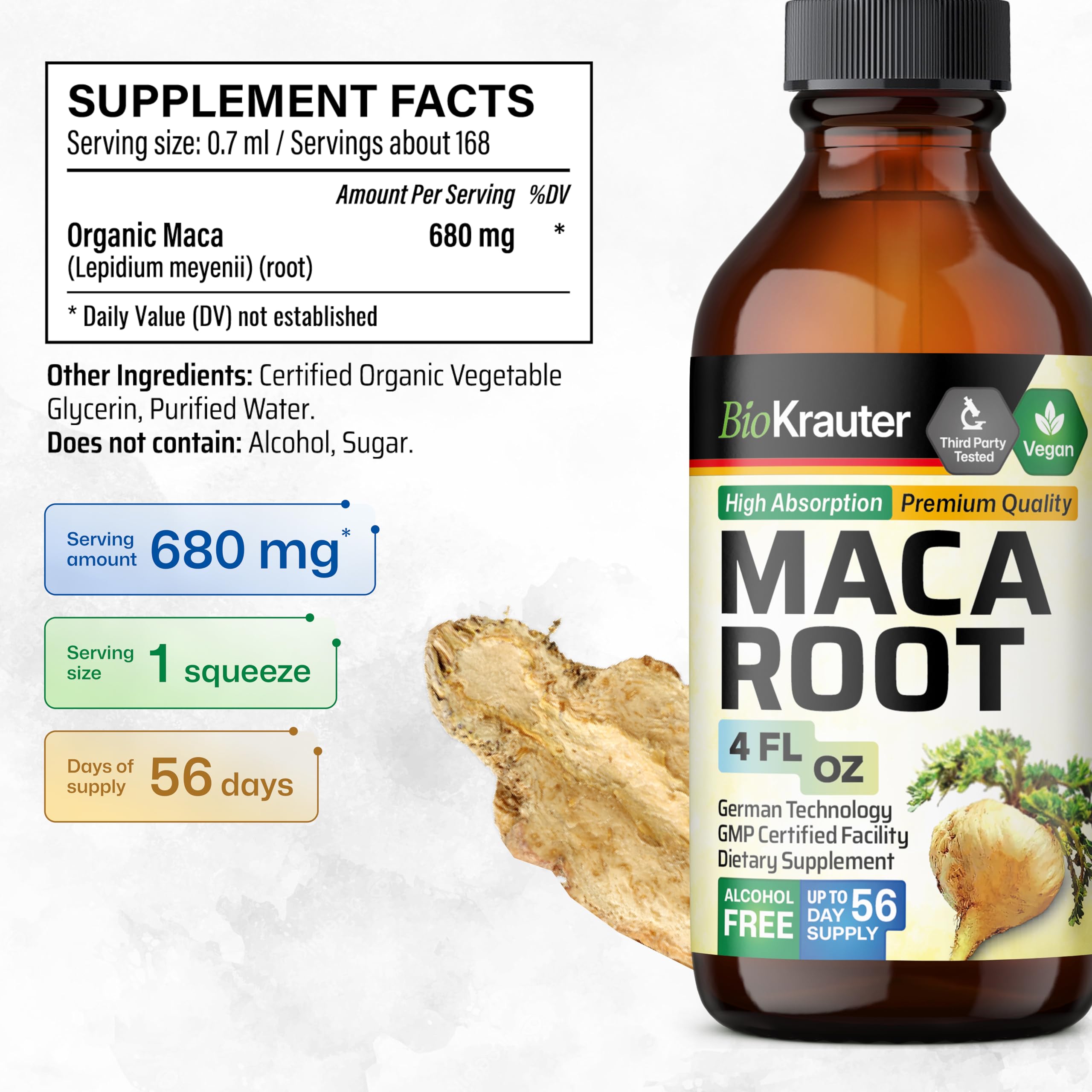 BIO KRAUTER Maca Drops under tongue use for fast, alcohol-free intake.