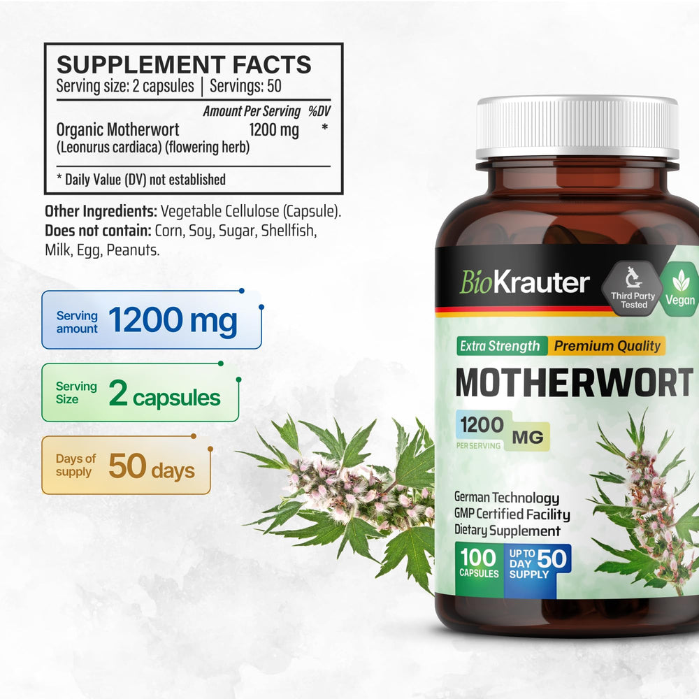 BIO KRAUTER capsules reveal pure motherwort powder with a simple, natural formula.
