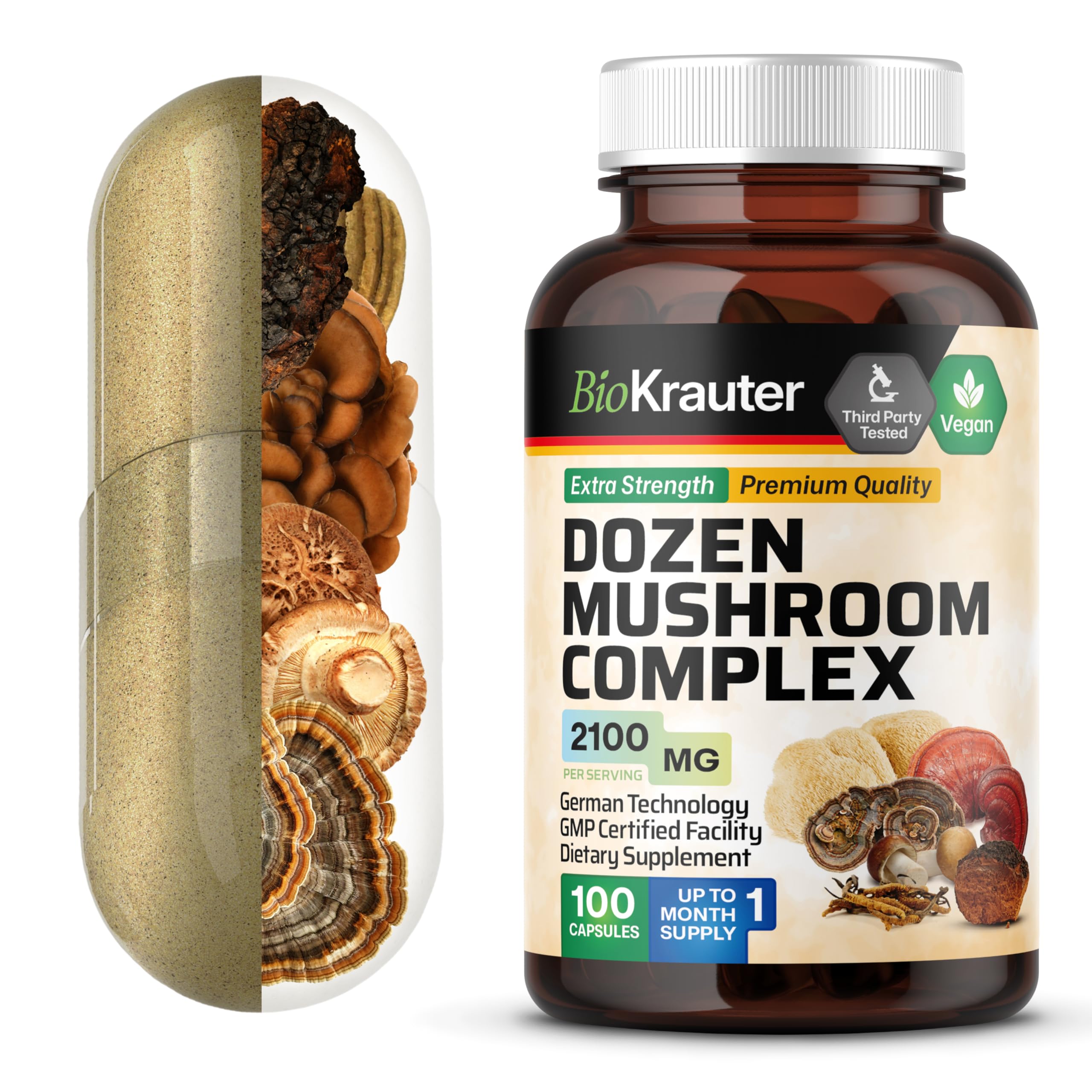 BIO KRAUTER Mushroom Complex bottle front shows vegan packaging for daily wellness