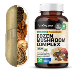BIO KRAUTER Mushroom Complex bottle front shows vegan packaging for daily wellness