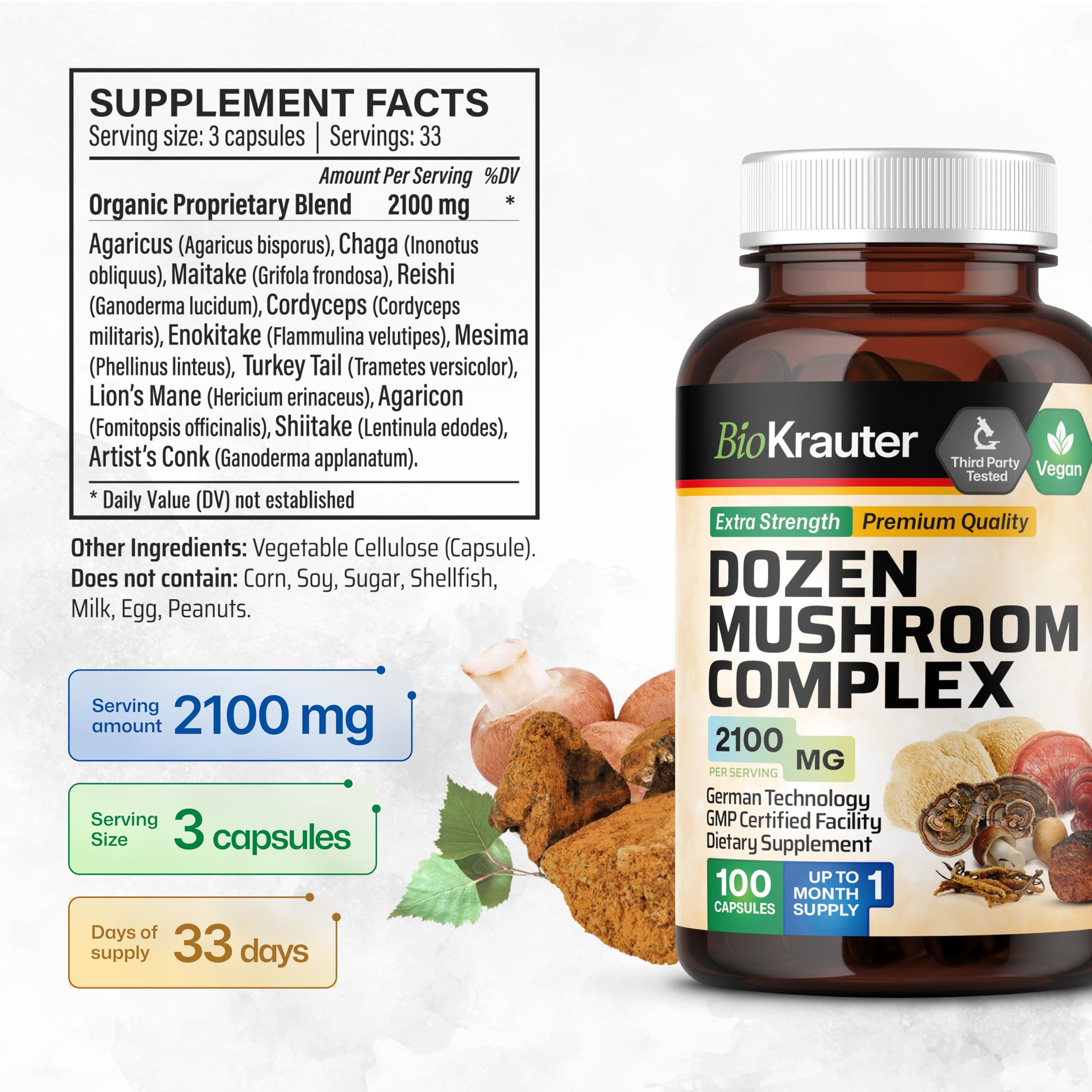 Close-up of the 12-mushroom blend in the BIO KRAUTER formula