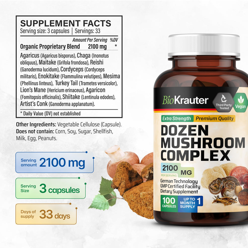 Close-up of the 12-mushroom blend in the BIO KRAUTER formula