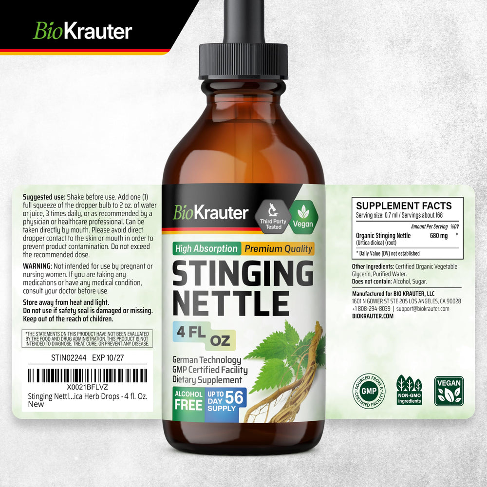 BIO KRAUTER nettle tincture close-up with clear liquid and label