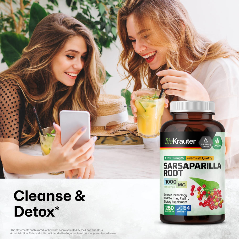 BIO KRAUTER sarsaparilla root bottle close-up highlighting vegan capsules for detox.
