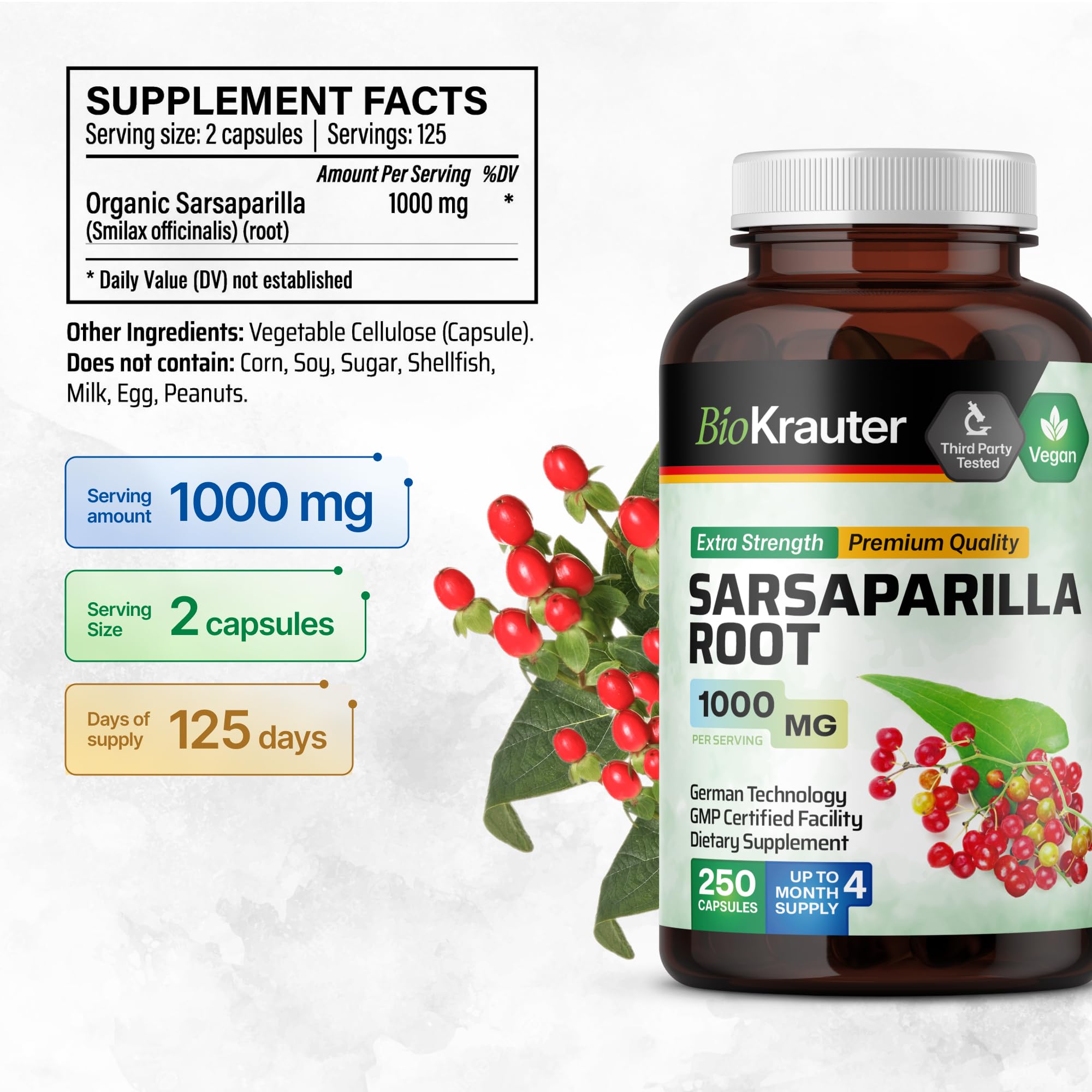 BIO KRAUTER sarsaparilla root ingredients show natural 1000 mg per capsule.