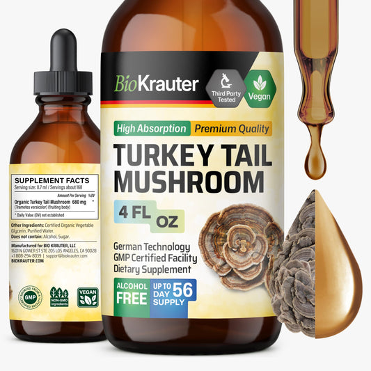 BIO KRAUTER Turkey Tail Drops bottle shown for immune wellness support.