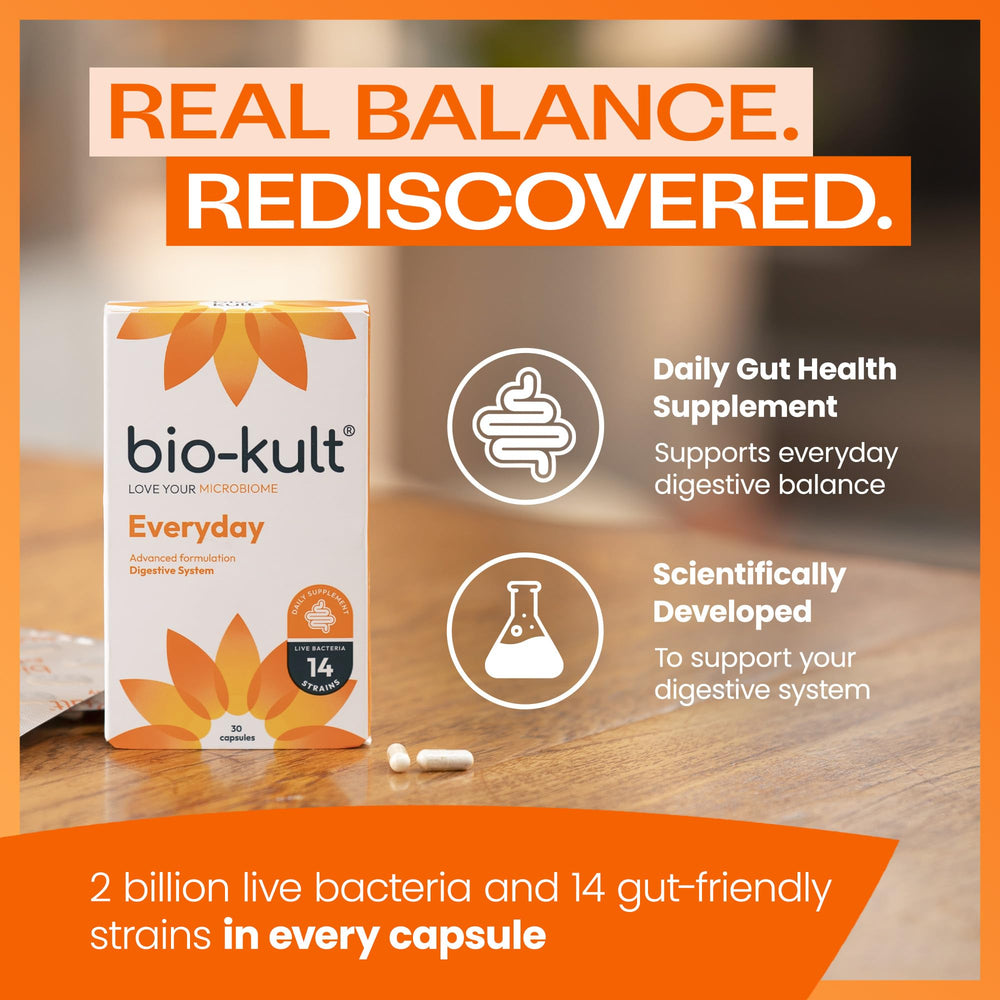 Bio-Kult Everyday capsules swallowed with water during a daily routine.