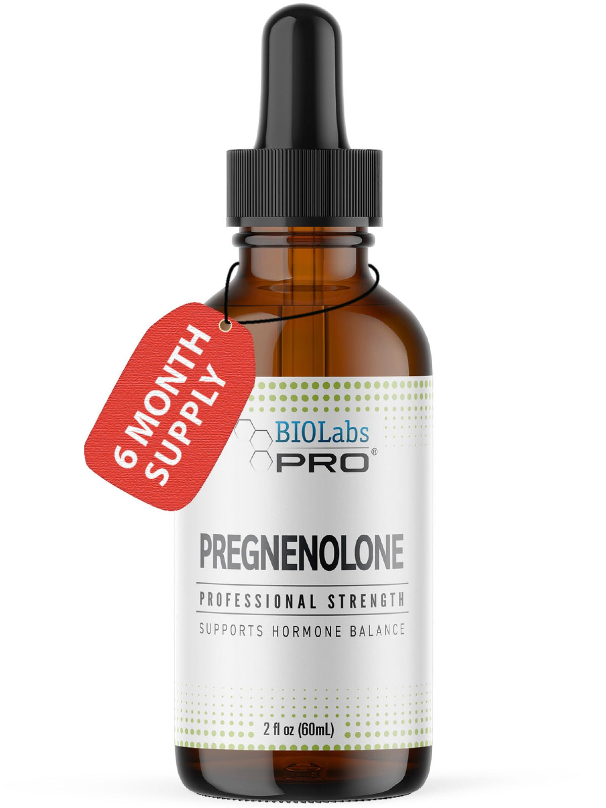BIOLABS PRO Pregnenolone oil bottle close-up showing daily use benefits