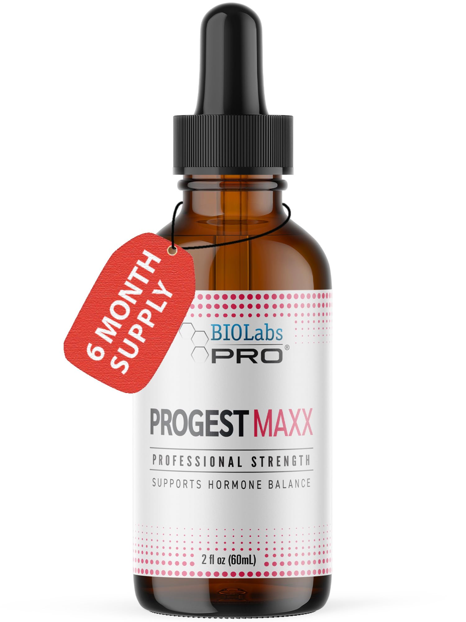 Biolabs PRO Progest MAXX oil bottle shown for at-home menopause support.