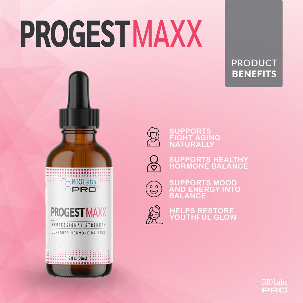 Biolabs PRO Progest MAXX oil label highlights natural ingredients and quality.