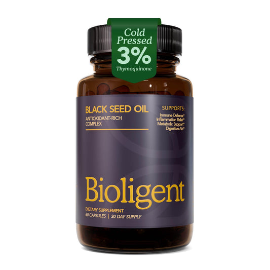 Bioligent black seed oil capsules bottle closeup, supporting daily wellness with a plant-based blend.