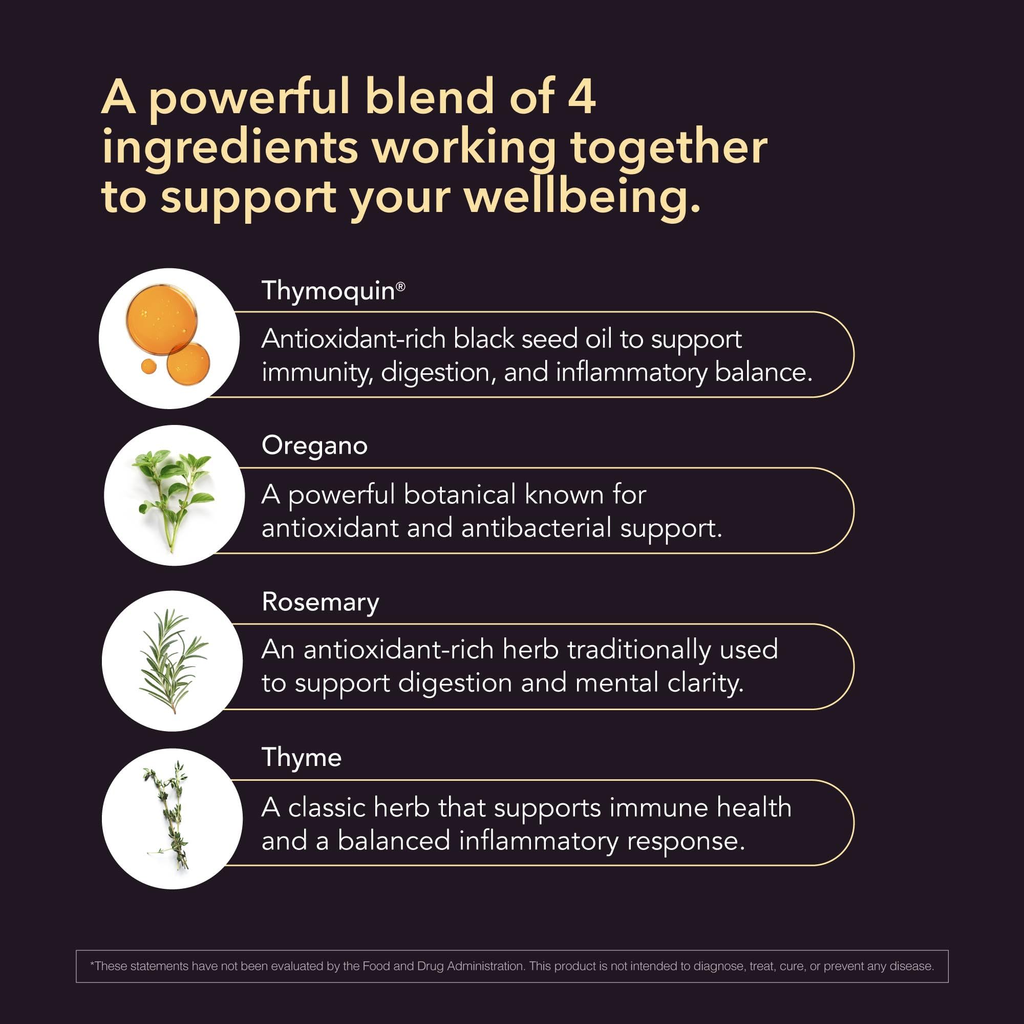 Bioligent ingredients blend: oregano, rosemary, thyme, captured in label for herbal support.
