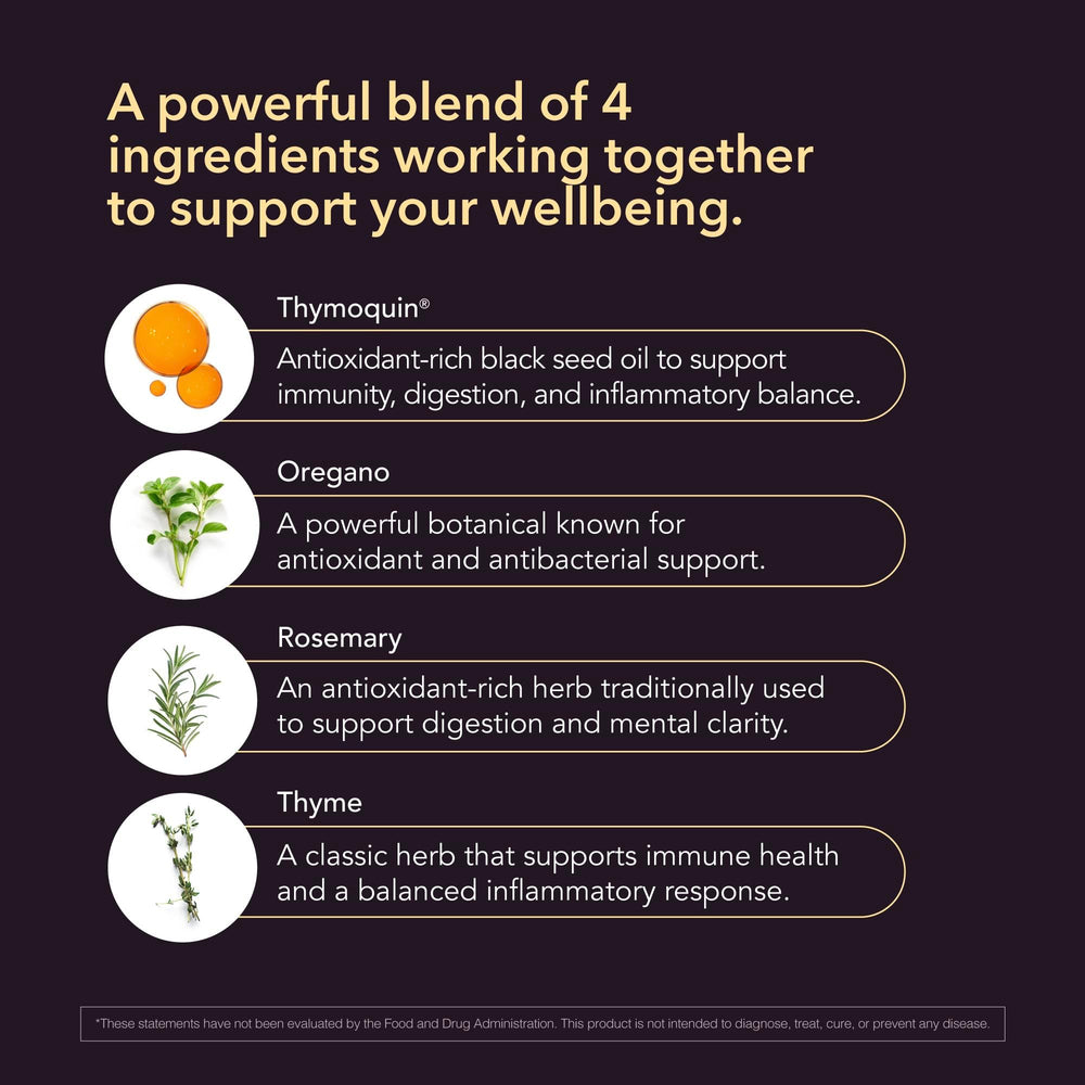 Bioligent ingredients blend: oregano, rosemary, thyme, captured in label for herbal support.