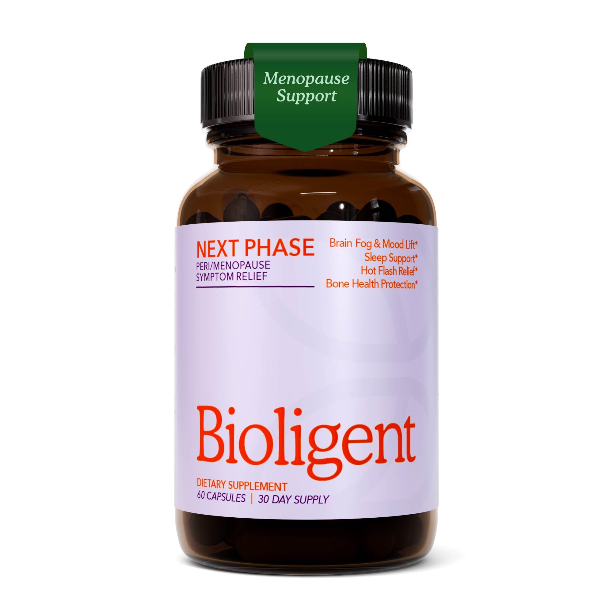 Bioligent Next Phase bottle front showing hormone-free menopause support.