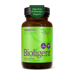 BIOLIGENT Tribiotic bottle illustrating daily gut support and immune balance.