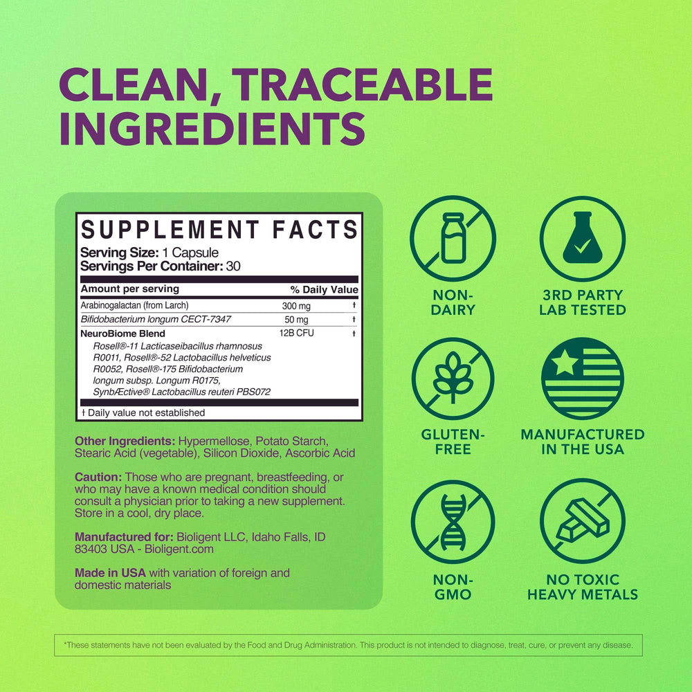 BIOLIGENT Tribiotic label closeup emphasizes non-GMO gluten-free ingredients.