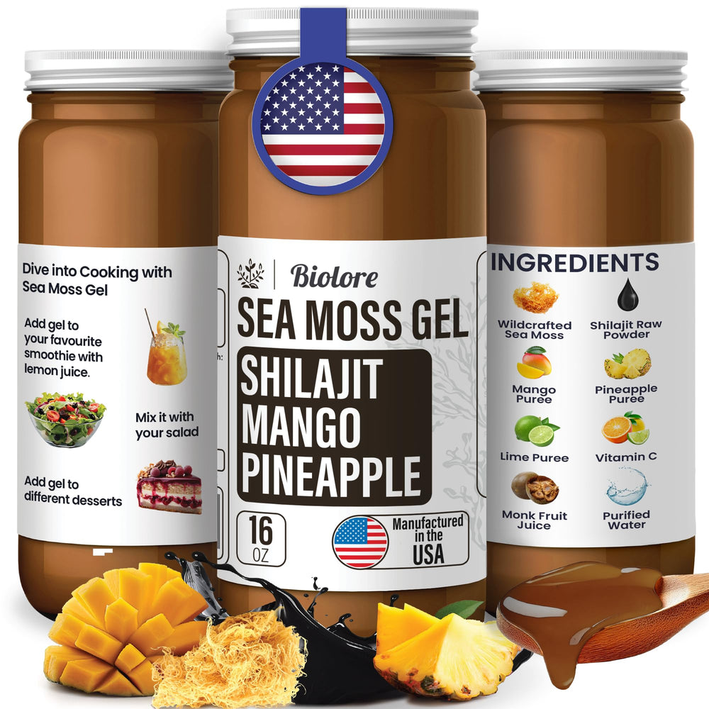 Biolore mango-pineapple flavored sea moss gel swirled in a bowl for smoothie boost.