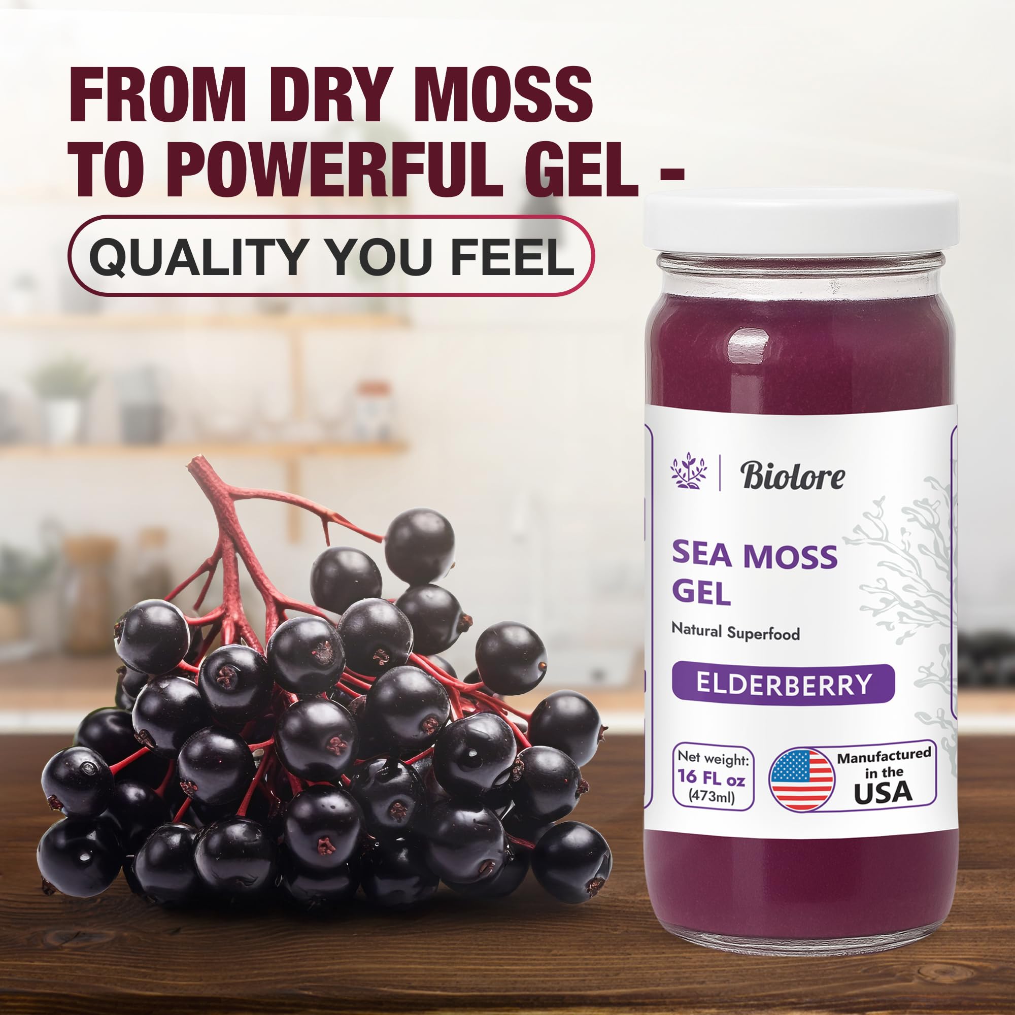 Biolore Elderberry sea moss gel bottle with label and vegan ingredients