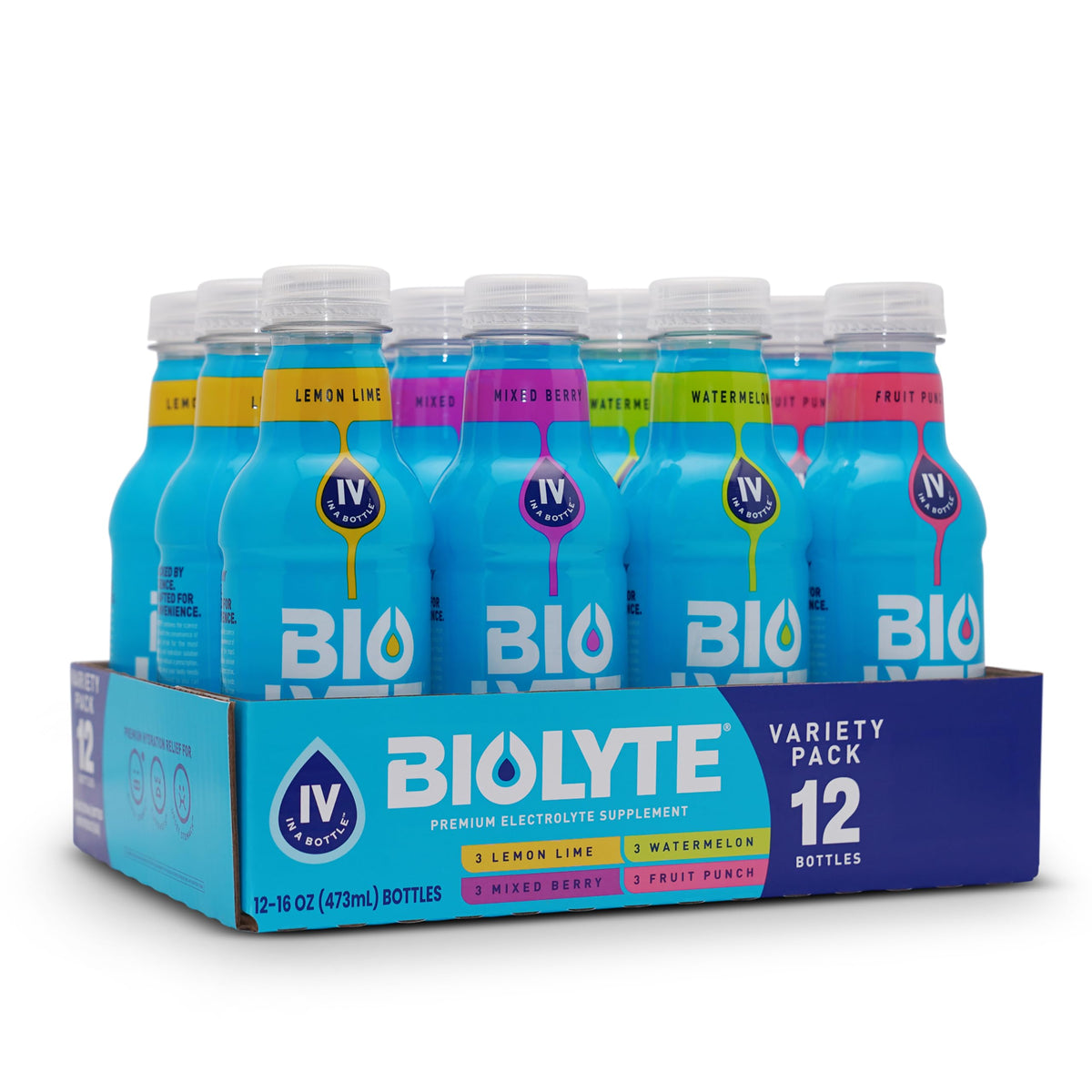 BIOLYTE bottle front view showing the hydrating electrolyte formula.